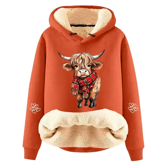 SRZYMJ Highland Cow Women's Casual Winter Warm Sherpa Lined Hooded Sweatshirt Funny Graphic Heavyweight Pullover