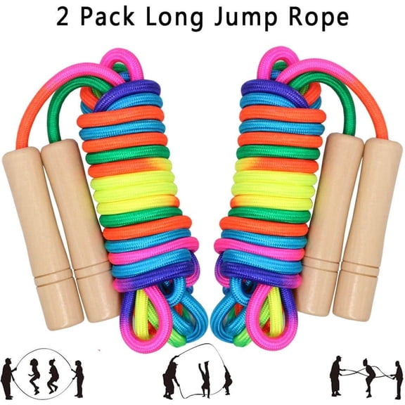 WuPing 2 Pcs Adjustable Jump Ropes, Wooden Handle, 16 ft Rainbow Color Multiplayer Jump Rope for Outdoor Sport Game