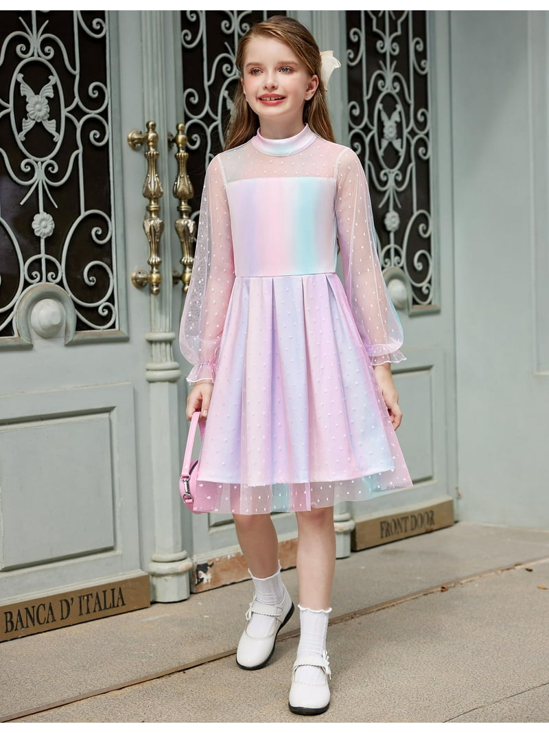 Oudiya Girls Mesh Puff Lantern Long Sleeve Rainbow Dress Mock Neck Formal Party A Line Short Tulle Dress, Girl's, Size: 5-6