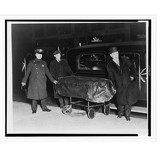 Historic Print, [A policeman and two other men, possibly undertakers, with the covered casket of Legs Diamond on a stretcher next to a hearse], 16" x 20"