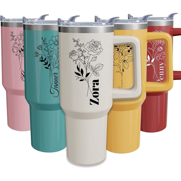 Personalized Tumbler Custom Name Birth Flower Floral 40 oz Tumblers with Handle and Straw Stainless Steel Insulated Personalized Coffee Cup Mug Christmas Birthday Gifts for Men Women