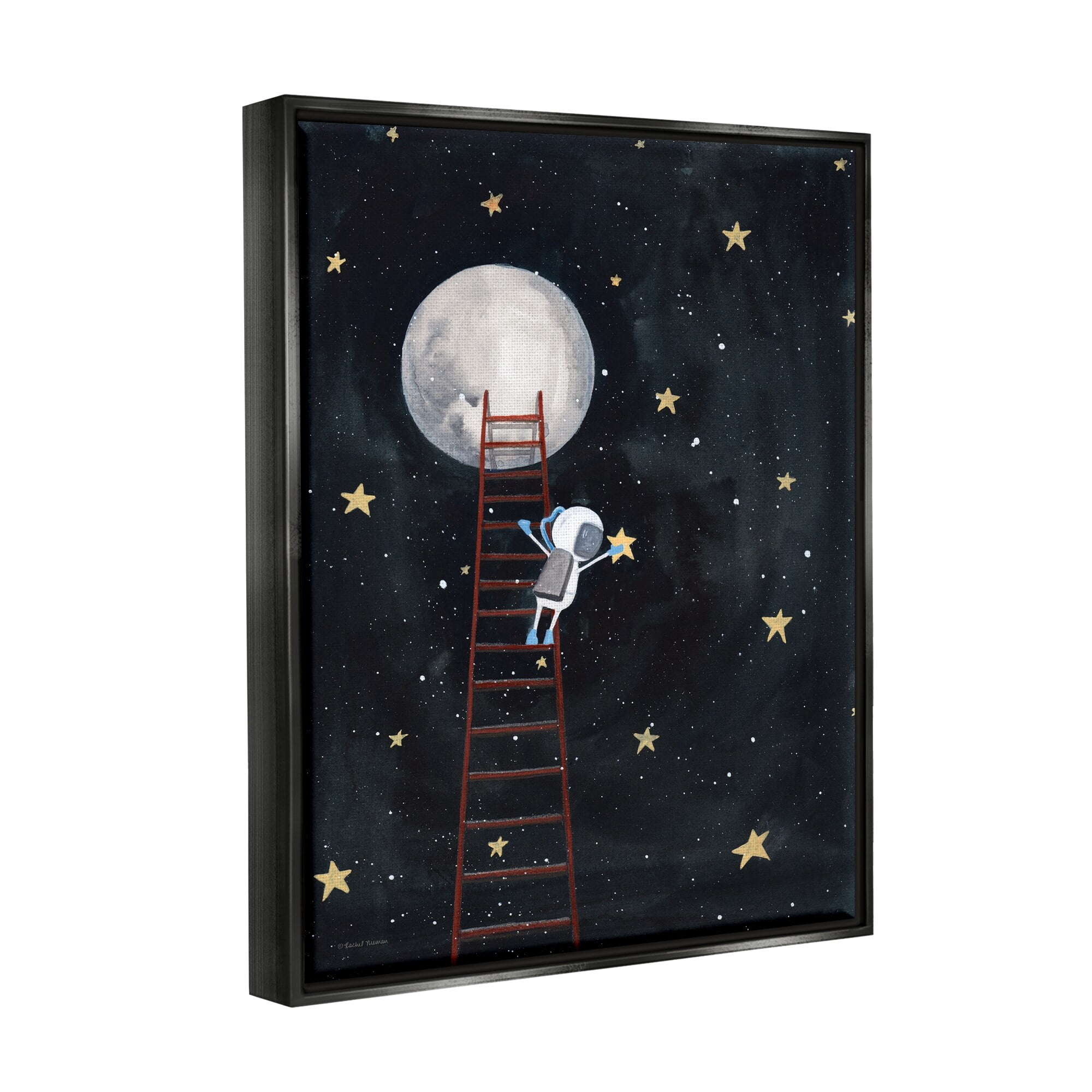 Stupell Industries Astronaut Hanging Stars Outer Space Ladder to Moon Jet Black Framed Floating Canvas Wall Art, 16x20, by Rachel Nieman