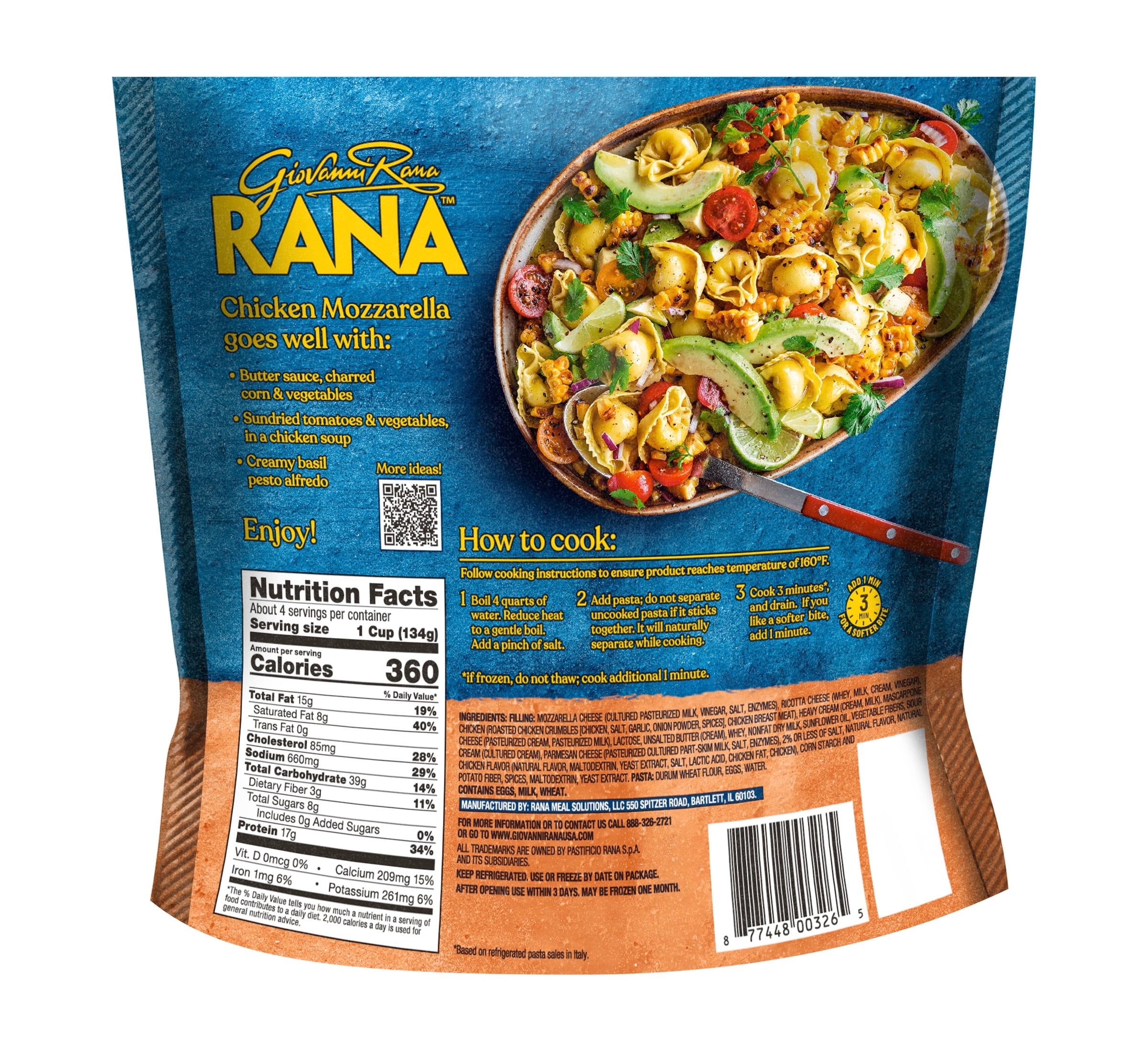 Giovanni Rana Tortelloni Chicken Mozzarella Cheese Filled Pasta Bag (Family Size, 19oz, Fresh), Refrigerated