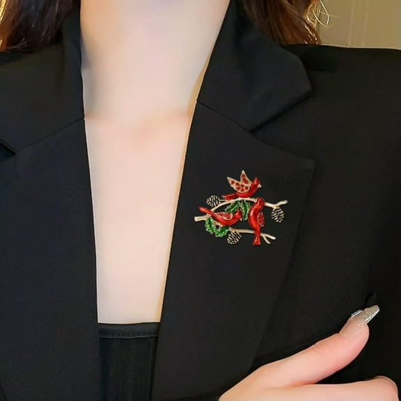 QQTDFG Red Cardinals Bird Brooch Holly Pine Cone Winter Enamel Rhinestone Women Pin-default