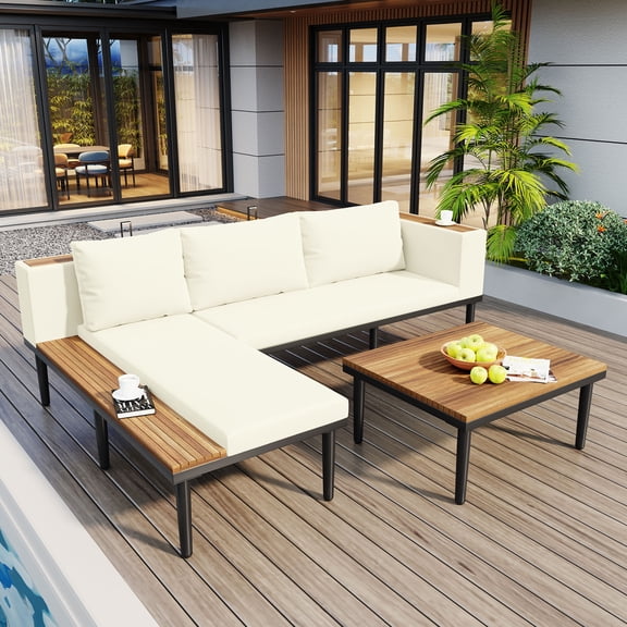 <Old SKU: N704G201251E> Luxury Patio Furniture Set with Removable Cushions and Coffee Table, L-Shaped Acacia Wood Sofa with Side table, Outdoor Conversation Sectional Sofa for Backyard, Porch, Gray