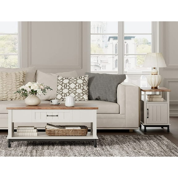 WAMPAT Farmhouse Coffee Table With Side Table ,White