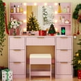 thumbnail image 2 of Ktaxon Makeup Vanity Set with 3 Color Lighted Mirror & Charging Station, Dressing Table w/ 7 Drawers for Femal Gift, Pink, 2 of 11
