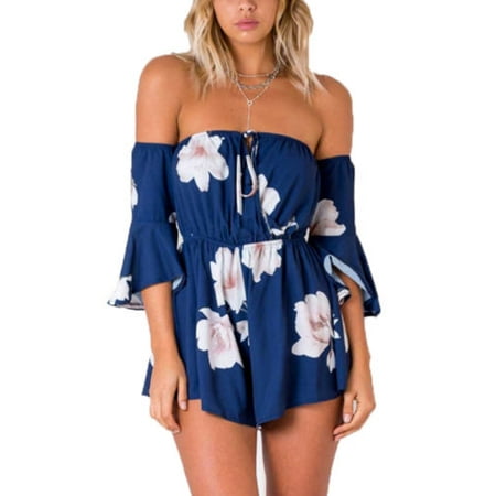 - Womens Floral Off Shoulder Backless Playsuit Jumpsuit Shorts Romper Summer Beach