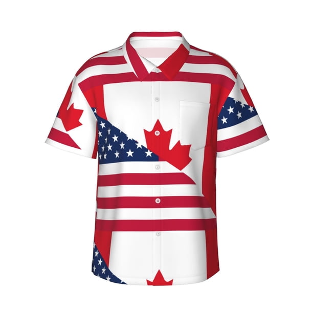 Balery USA Canada Flag Camisas hawaianas de manga corta para hombre, camisas playeras de corte holgado, camisas de vacaciones con botones,Large