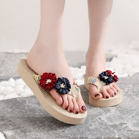 

〖Yilirongyumm〗 Blue 39 Slippers For Women Home Shoes Flowers Sandals Flat Flip-Flops Breathable Slipper Weave Beach Women s Slipper