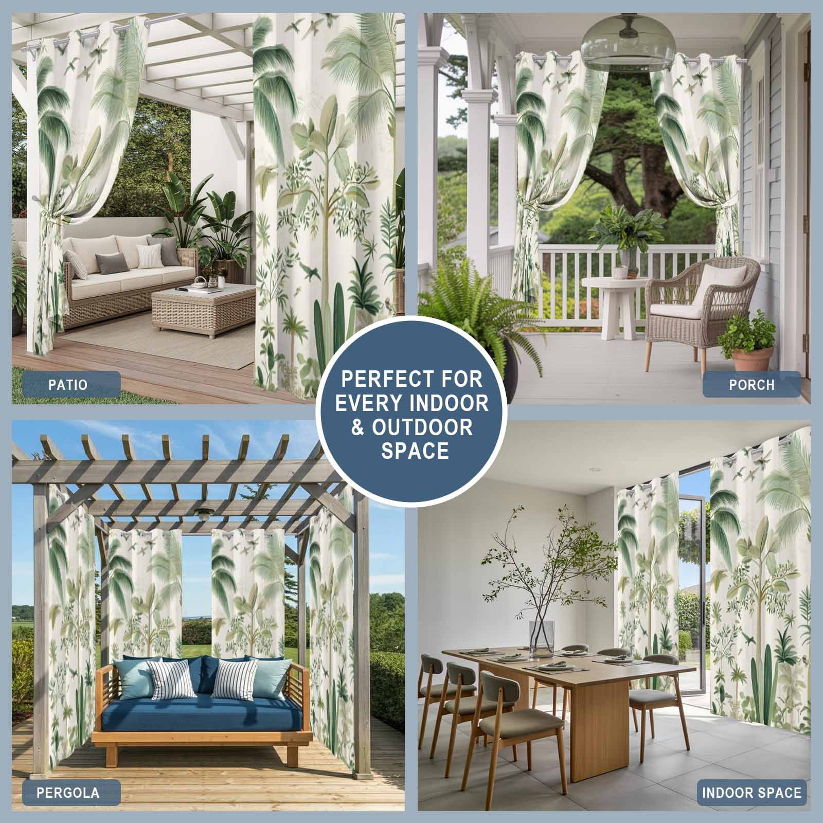 Green Palm Tree Outdoor Curtains for Patio Waterproof, Windproof Privacy Curtains with Weighted Bottom, Summer Beach Cactus Outside Drapes for Picnic Garage Backyard Cabana 54"x84" 1 Panel