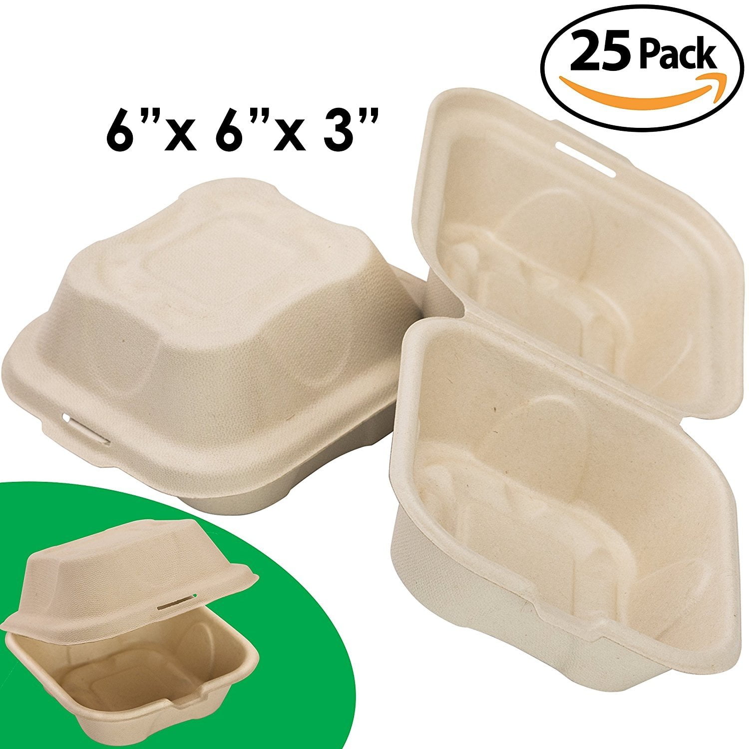Biodegradable 6x6 Take Out Food Containers with Clamshell Hinged Lid 25