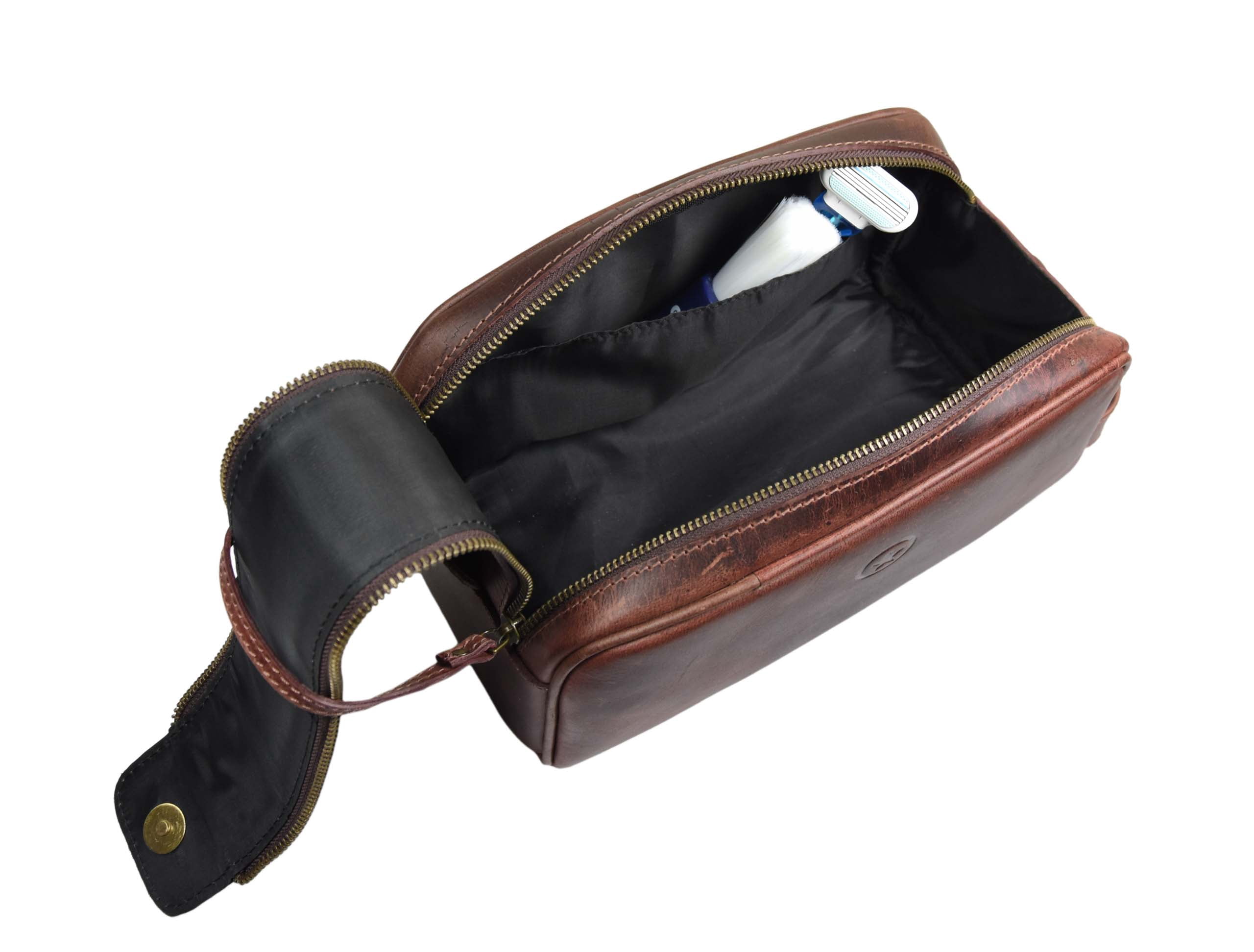 Genuine Leather 10" Toiletry Travel Pouch with water proof Lining | Handcrafted Dopp Kit By Aaron Leather Goods