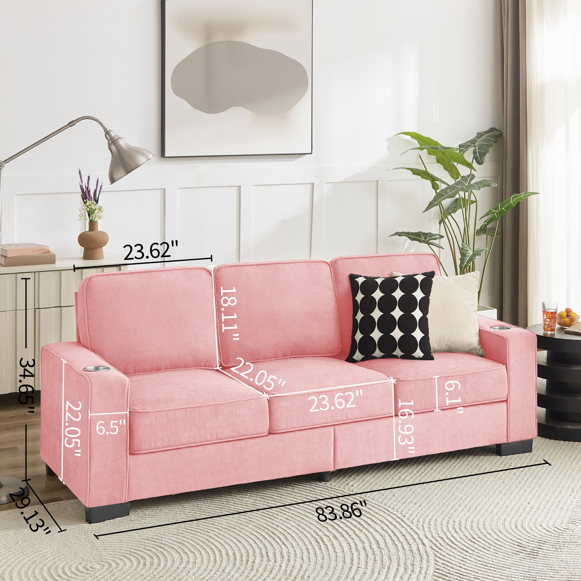 DEALTOPS 84" Modern Ice & Snow Velvet 3-Seater Sofa — Cozy Living Room Couch with Built-in Cup Holders, Pink