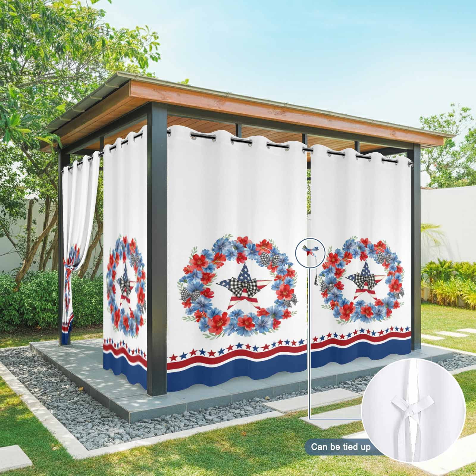 Independence Day Outdoor Curtains for Patio, Red Blue Flower Plaid Bow Star Abstract Striped Sunshade Privacy Drapes Grommet Waterproof Outside Curtains for Porch/Cabana/Balcony 54"x 108", 1 Panel