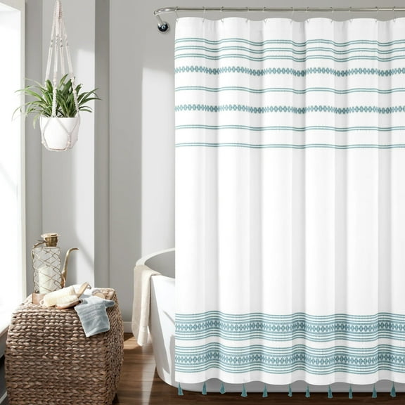 Breezy Chic Tassel Jacquard Eco-Friendly Recycled Cotton Shower Curtain Blue Single 72X72
