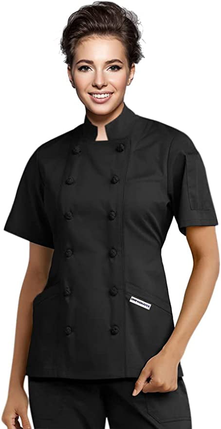 Short Sleeves Knotted Cloth Buttons Chef Coat Jacket Uniform for women ...