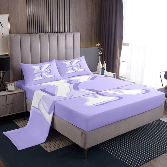 Erosebridal Purple Bowknot Sheet Set Twin, Initial Letter K Bedding Sets Twin Size, Cartoon Monogrammed Reversible Twin Sheet Sets, Breathable Bedroom Decorative, 3pcs