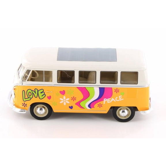 1963 Volkswagen Classical T1 Bus w/ Love/Peace Decals, Yellow - Welly 22095A1/4D - 1/24 Scale Diecast Model Toy Car (Brand New but NO BOX)