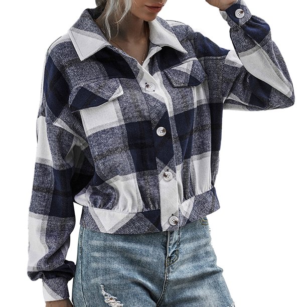 Moda mujer camisa a cuadros cuello vuelto manga larga de un solo pecho Casual Otoño Invierno chaquet Abanopi Aqua/Grande