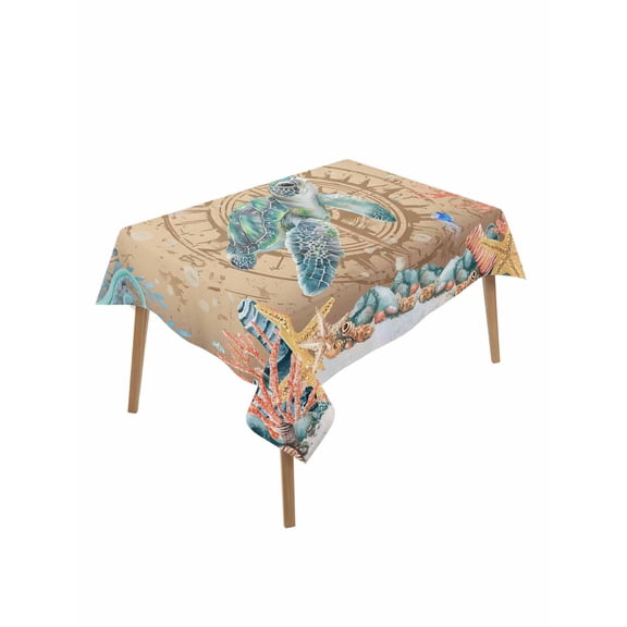 Sea Turtle Coastal Rectangle Tablecloth, Summer Nautical Starfish Coral Brown Anchor Waterproof & StainResistant Tablecloth, Washable Oil-proof Table Cover for Dining/Party/Wedding/Buffet 52x70 In