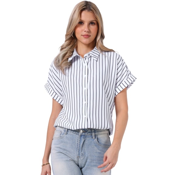 DARING DIVA Women's Short Sleeve Button Down Striped Shirt for Casual Wear XS White