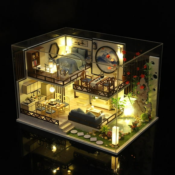 Casa de en miniatura artesanal con de adorno de muebles LED chino ensamblar rompecabezas para adultos del Salvador Casa de muñecas artesanal