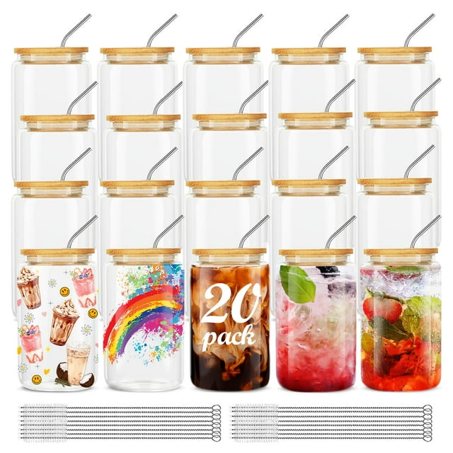 ASKIZ 20 vasos de vidrio con tapas de bambú y pajitas, taza de café helada de 16 onzas, juego de vasos, botellas de agua, vasos para jugo, cerveza, café, refrescos, té, vaso de vidrio reutilizable par