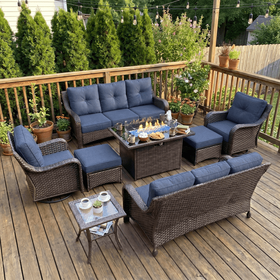 LayinSun 8 Pieces Patio Furniture Sets with Fire Pit Table, Outdoor Wicker Conversation Set with Swivel Chairs and 6" Thick Cushion for Deck Garden Backyard