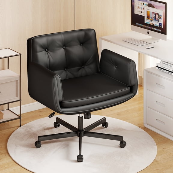 Furniliving Criss Cross Chair with 5-Level Adjustable Armrests & Wheels, Faux PU Swivel Office Desk Chair, Adjustable Vanity Chair for Bedroom, Makeup,Black