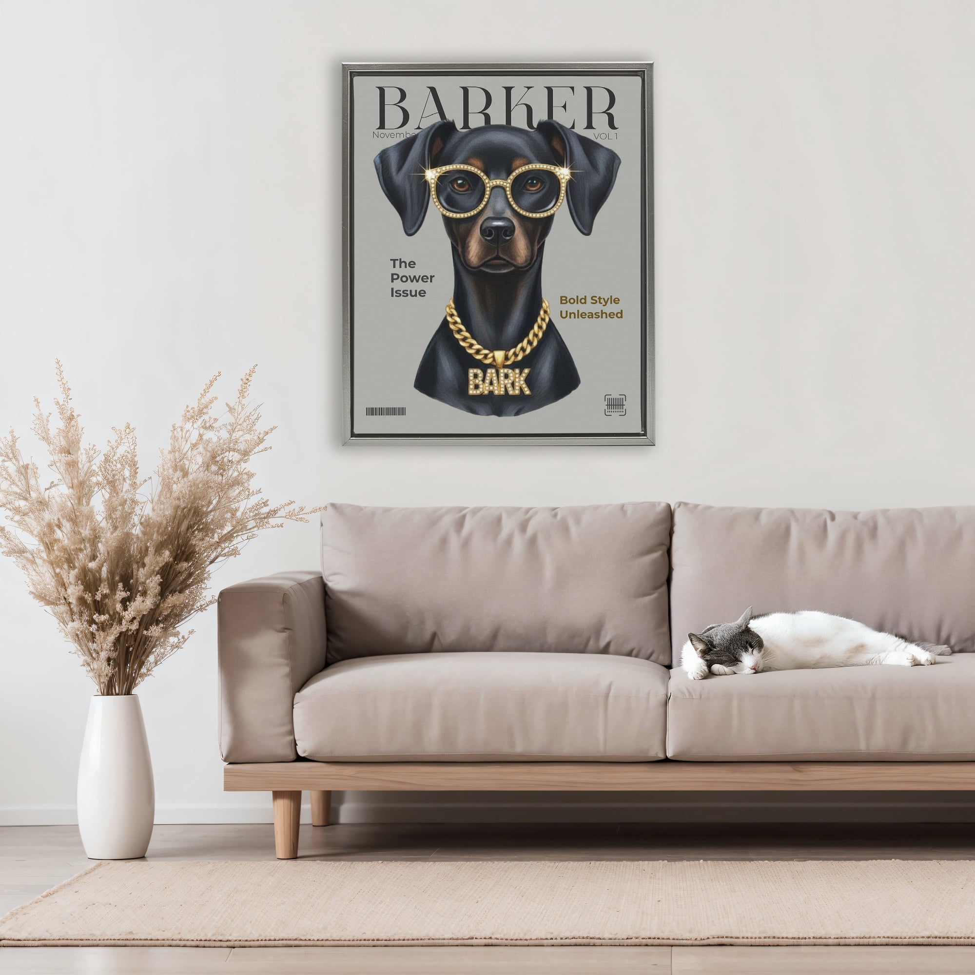 Stupell Industries Barker Dog Fashion Magazine Gray Framed Floater Canvas Wall Art, design by A Barefoot Stylist