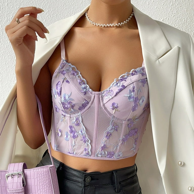 Lilac Mesh Floral Embroidered Lace Up Corset