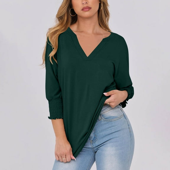 QUNYINEY Solid Summer Tops for Women Casual V Neck Puff 3/4 Sleeve Blouses Loose Pullover Tops