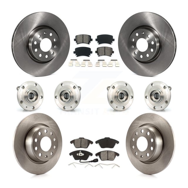 Transit Auto Front Rear Hub Bearings Assembly Disc Brake Rotors and Semi-Metallic Pads Kit (10Pc) for Car Volkswagen Passat Audi CC A3 Quattro - Left Right Side (Driver Passenger) KBB-109797