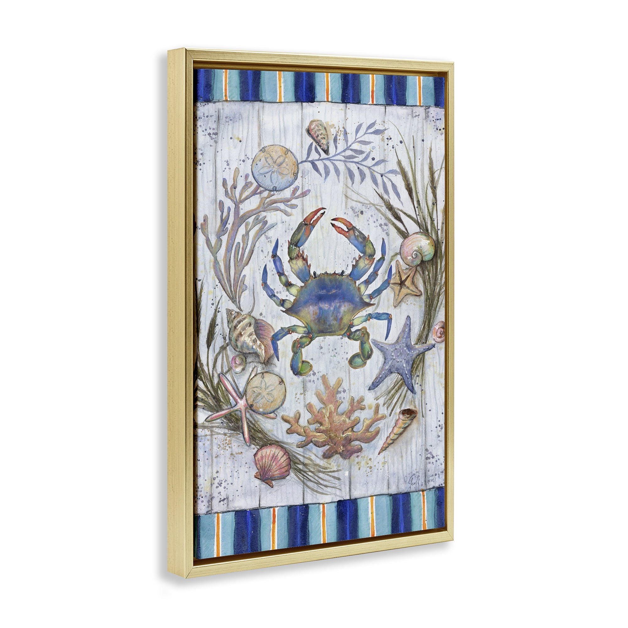 Stupell Industries Coastal Wreath & Crab Nautical & Beach Painting Gold Floater Framed Canvas Art Print Wall Art, 21 x 31