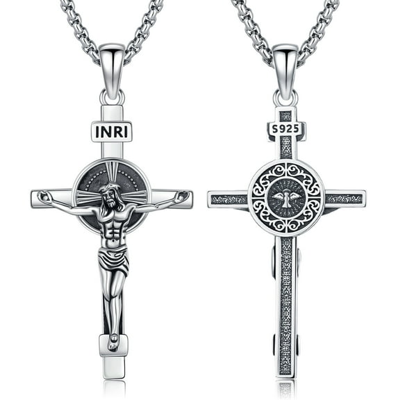 Drinsper Crucifix Cross Necklace for Men Women, 925 Sterling Silver Catholic Jesus Cross Christian Jewelry Protection Amulet Pendant Necklace