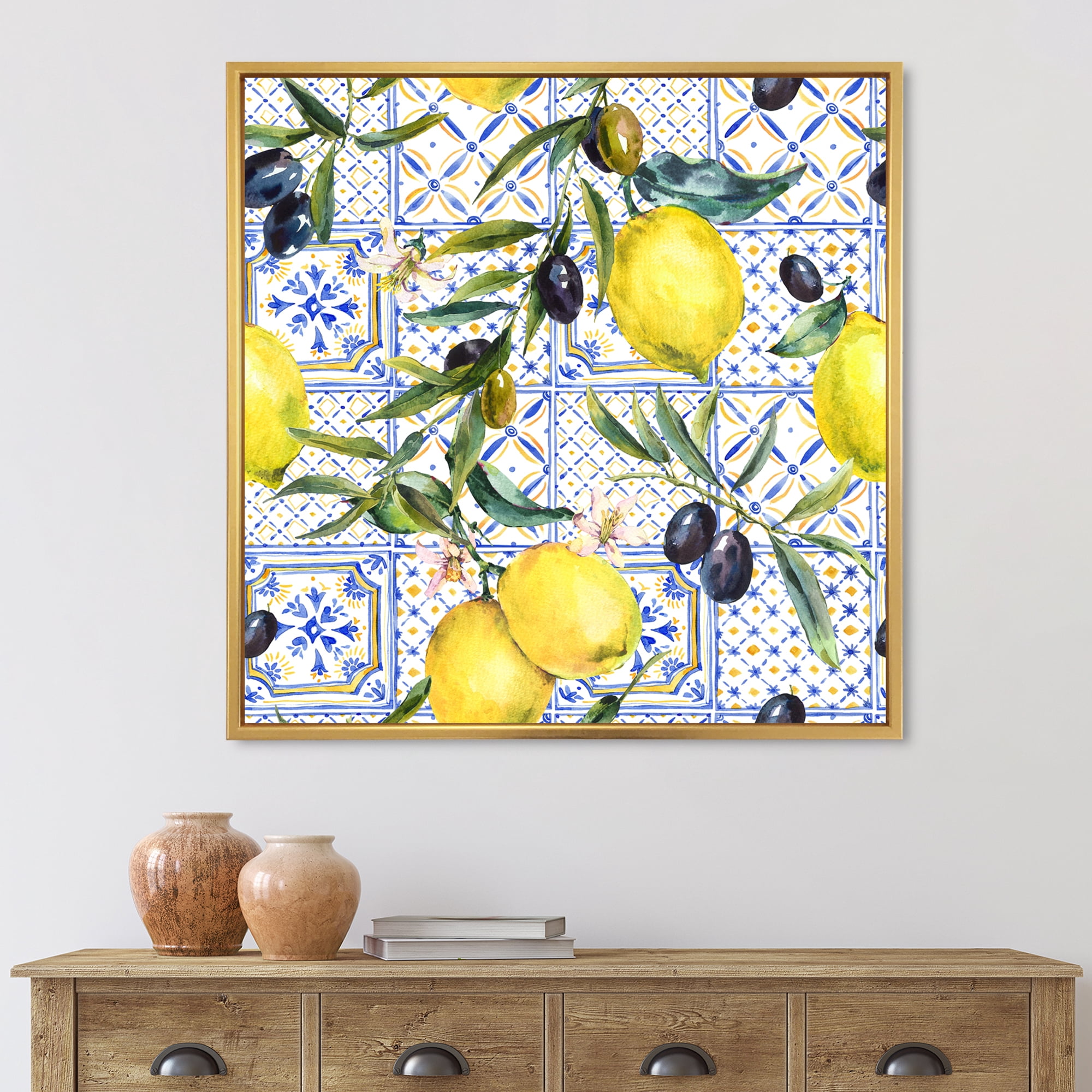 Designart 'Geometrical Pattern of Lemon Ornament On Blue III' Tropical Framed Canvas Wall Art Print