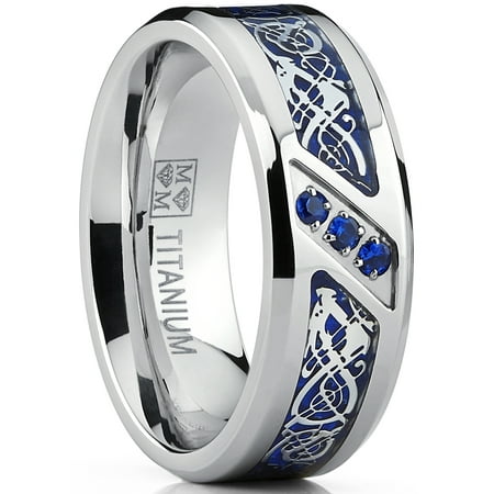 Men's Titanium Wedding Ring Band with Dragon Design Over Blue Carbon Fiber Inlay and Blue Cubic