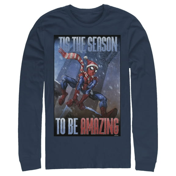 Men's Marvel Spider-Man 'Tis The Season To Be Amazing Long Sleeve Shirt Navy Blue X Large
