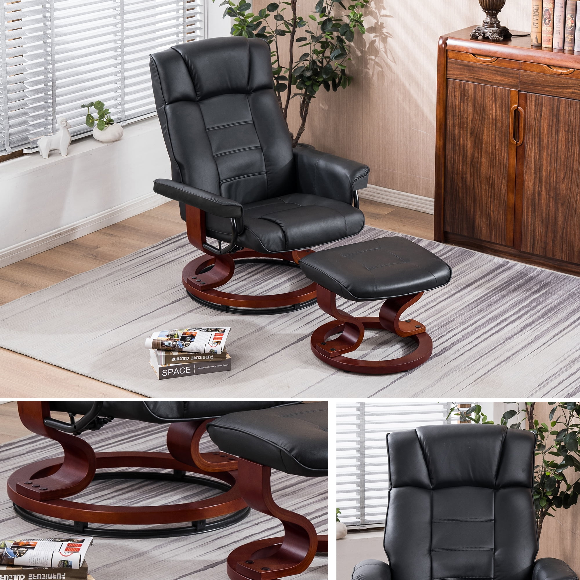 MCombo Swivel Recliner Chair with Wood Base and Ottoman, Faux Leather