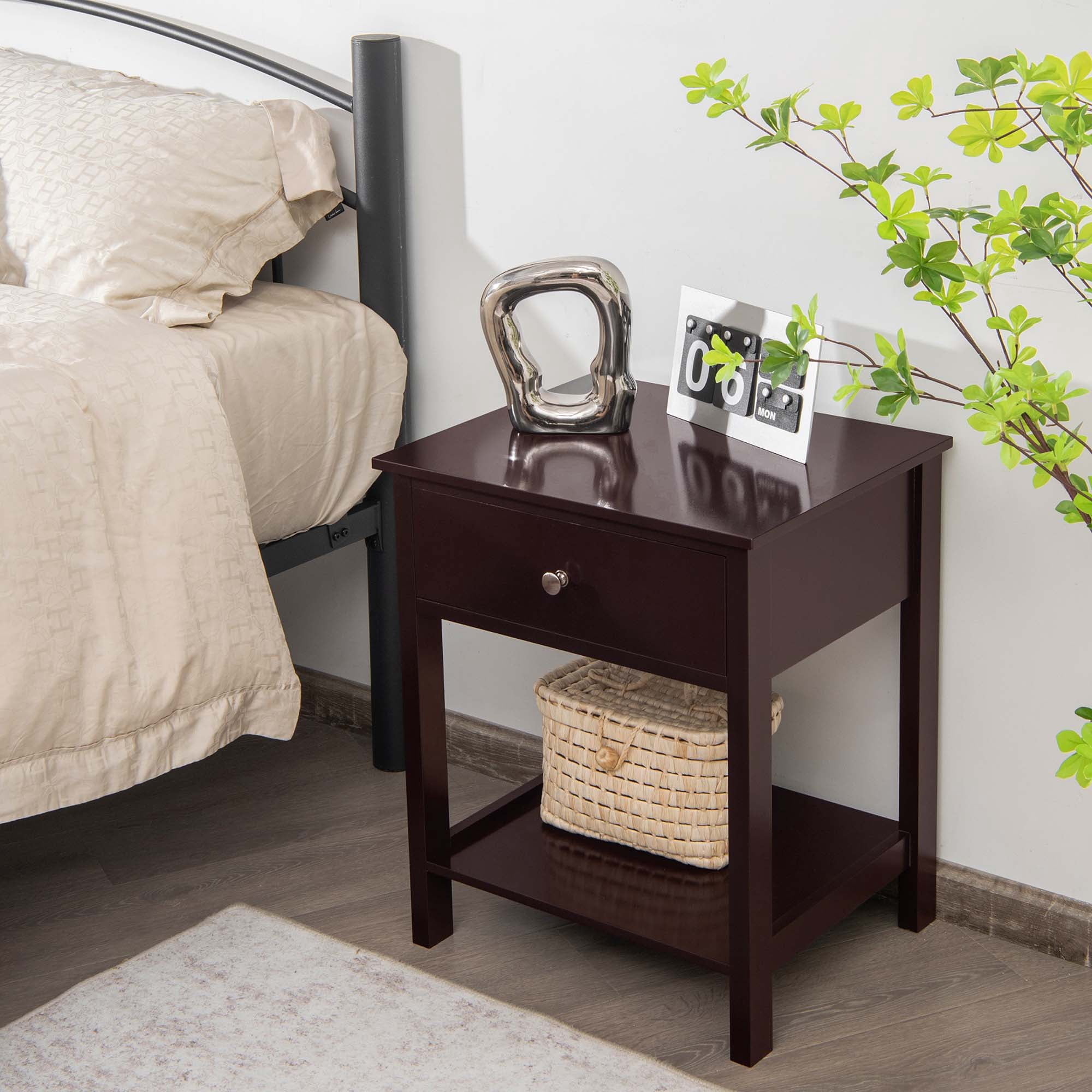 Costway Nightstand with Drawer Storage Shelf Wooden Bedside Sofa Side Table Brown