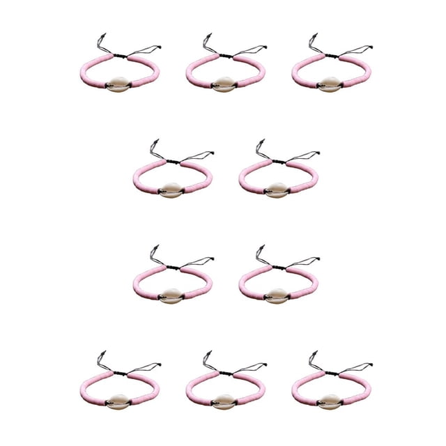 juego de pulseras trenzadas sonducket con cordón hecho a mano de concha para el día de san valentín Conjunto de 10 pulseras rosa; vista frontal en rejilla, cada pulsera trenzada en resina rosa con pieza central de concha y cordón ajustable con nudo corredizo negro, adecuada para playa, fiestas o como regalo.
