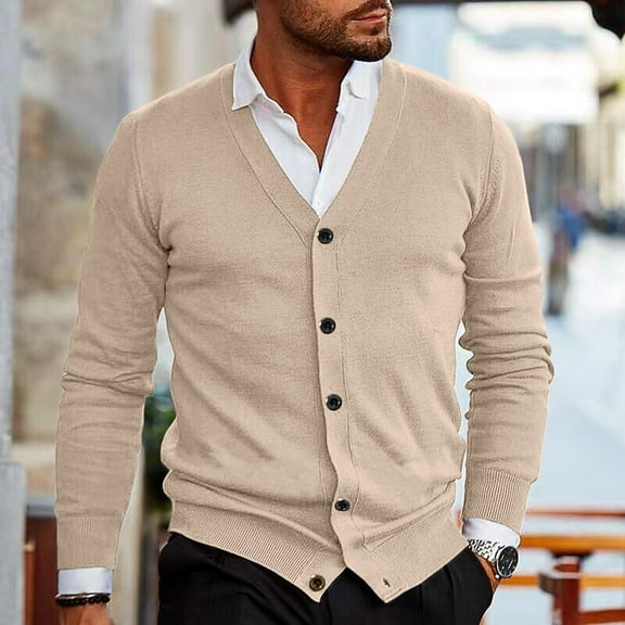 Zimjoy Mens Cardigan Sweaters Casual V Neck Button Down Cable Knitted Sweater Slim Fit Long Sleeve Beige Cardigan Open Front Lightweight Trench Coat with Pocket, Beige L