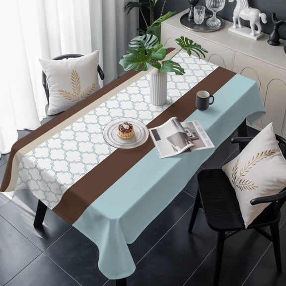 Blue Brown Morocco Table Cloth Waterproof Tablecloths, Geometric Stripes Aqua Stitching Tablecloth Dining Table Cover for Kitchen Party Tabletop Outdoor, Rectangle Tablecloth 54x108 Inch