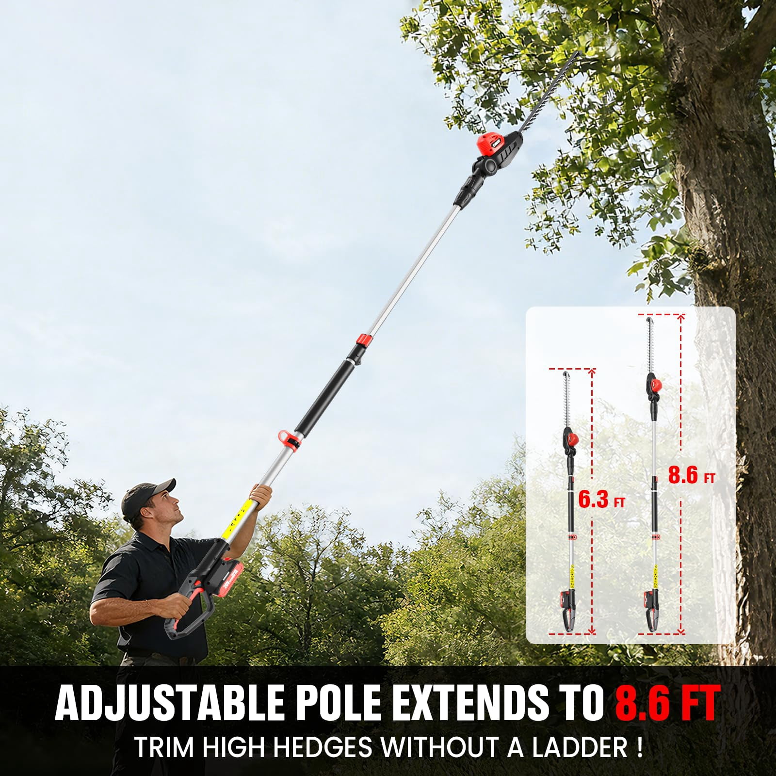 EWORK 20V Cordless Pole Hedge Trimmer, 18-inch Blade, 11-Angle Pivoting Head, 6.3-8.6 ft Reach, 6 lbs, 2 Batteries and Charger Included