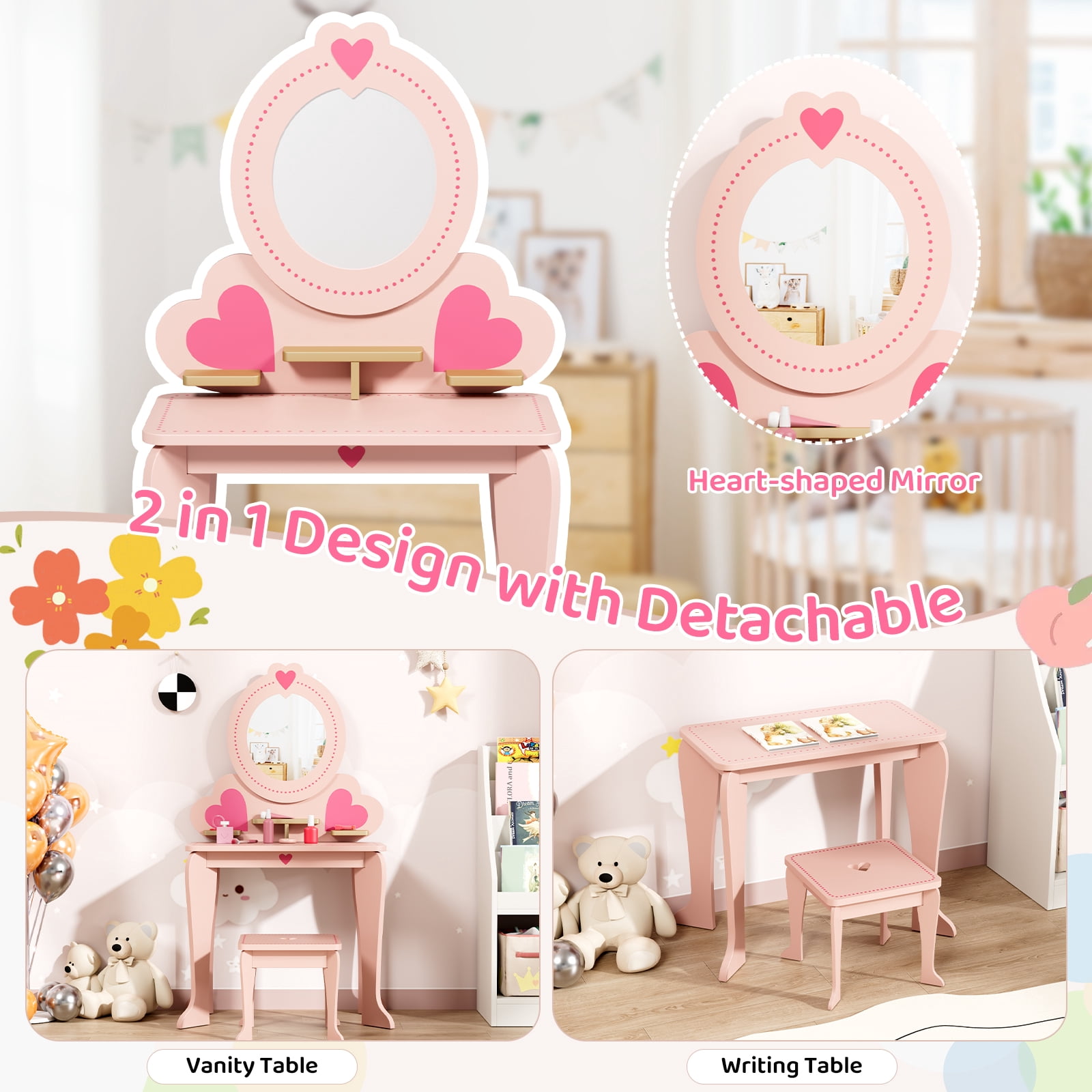 Pirecart Kids Vanity Makeup Table & Chair Set Make Up Stool Play Set for Children, Toddler Makeup Toy with 8 Pcs Accessories for Pretend Play, Pink