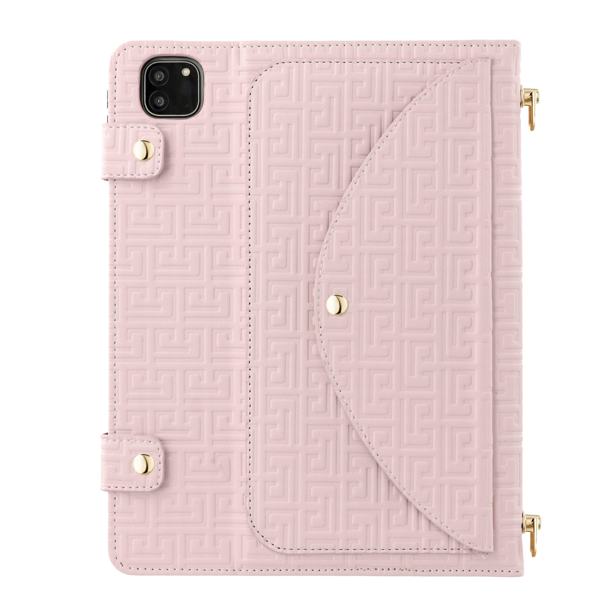 for iPad Air 11 2024/Pro 11 2022 2021 2020 2018/Air 4/Air 5, Protective Folio Case with Card Slots & Zipper Pocket & Pencil Holder, Stand Wallet PU Leather Portable Crossbody Strap Cover, Pink