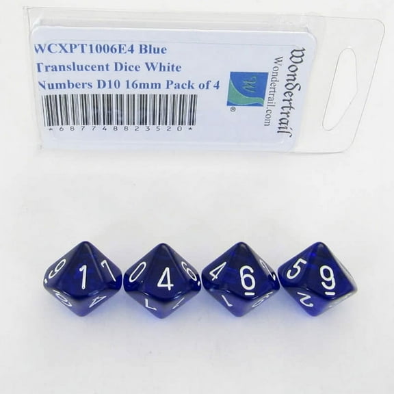 Blue Translucent Dice with White Numbers D10 Aprox 16mm (5/8in) Pack of 4 Wondertrail