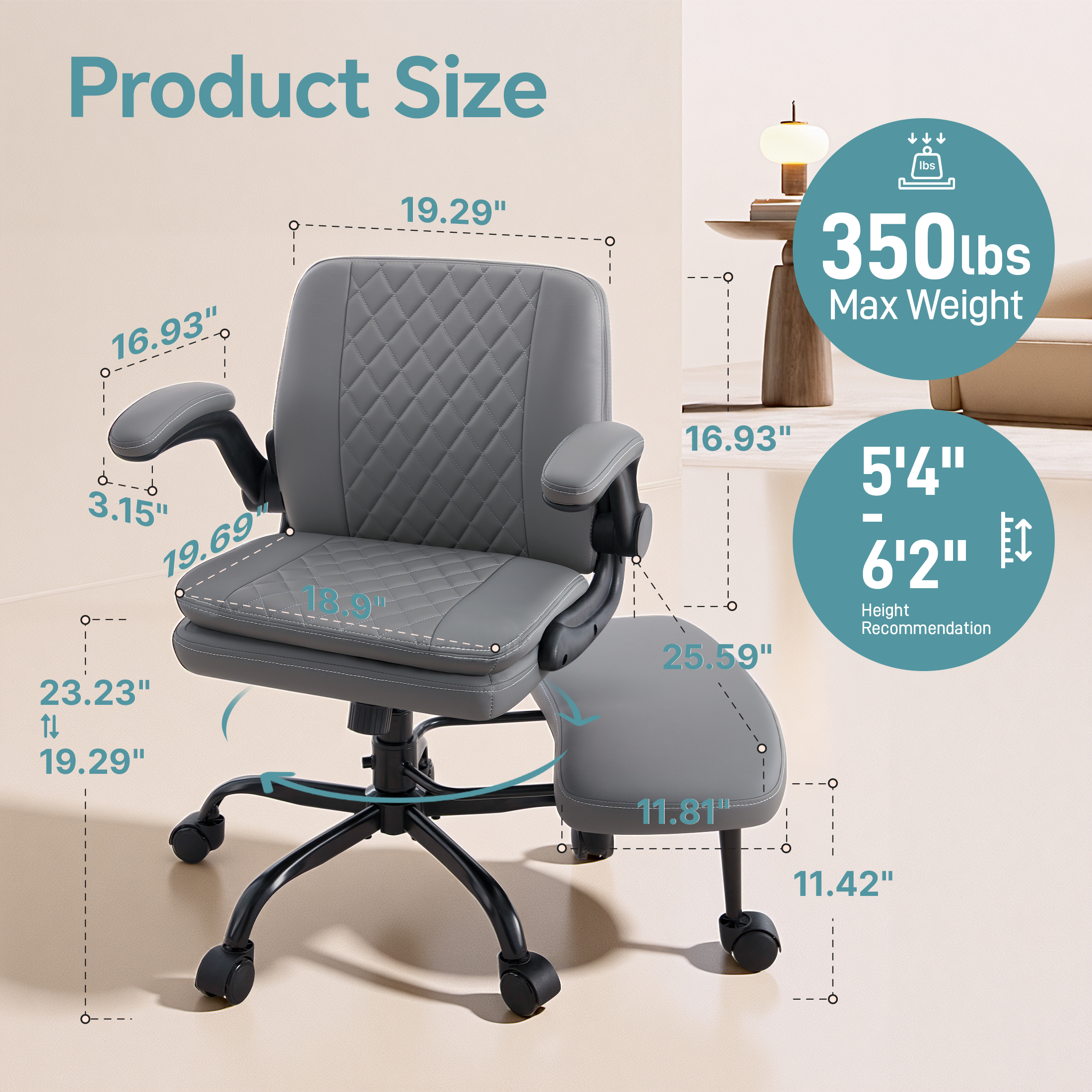 Dhole High Back Ergonomic Office Chair - Adjustable Swivel Chair with Lumbar Support, Flip-Up Arms, Retractable Footrest & Brown Diamond PU Leather for Home Office Desk-Gray
