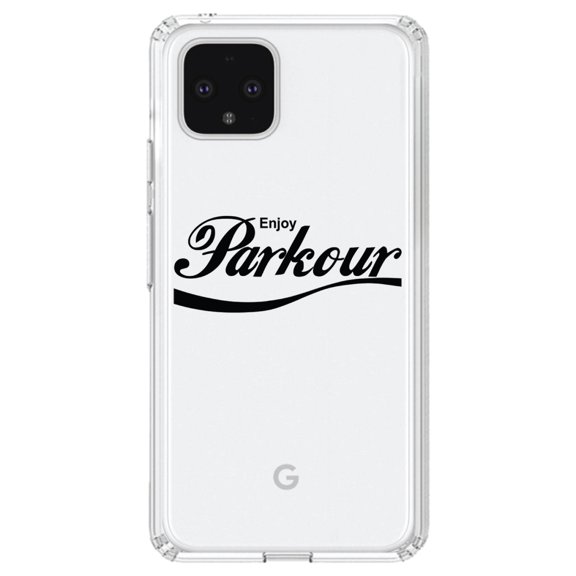 DistinctInk Clear Shockproof Hybrid Case for Google Pixel 4 (6.1" Screen) - TPU Bumper Acrylic Back Tempered Glass Screen Protector - Enjoy Parkour